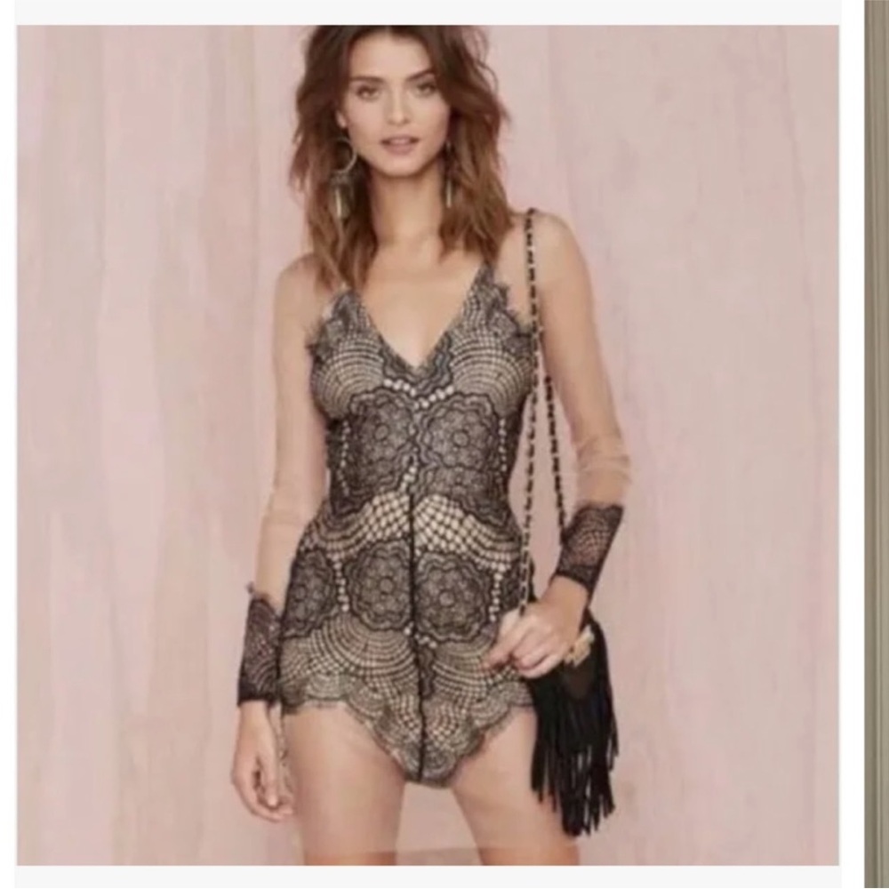 For Love & Lemons Black Lace Overlay Mini Dress with Nude Lining